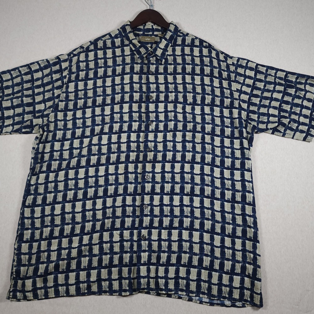Vintage Abstract Grid Short Sleeve Shirt Natural Issue Mens 2XLT Blue Rayon boho
